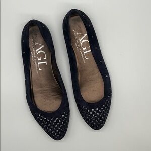 AGL Suede Flats $310 Studded Navy Womens US 8.5-9